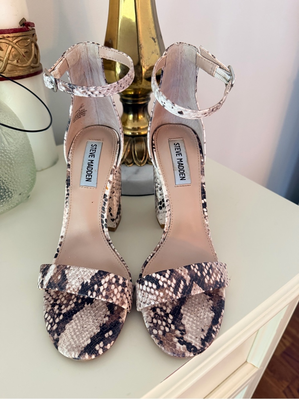 Frame Denim Beige Snake-Print Ankle Strap Heels